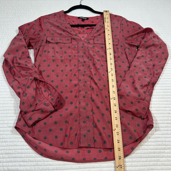 Express Brick Red Sheer Blouse w/ Gray Polka Dots. Buttoned Relaxed Blouse. - Picture 9 of 9